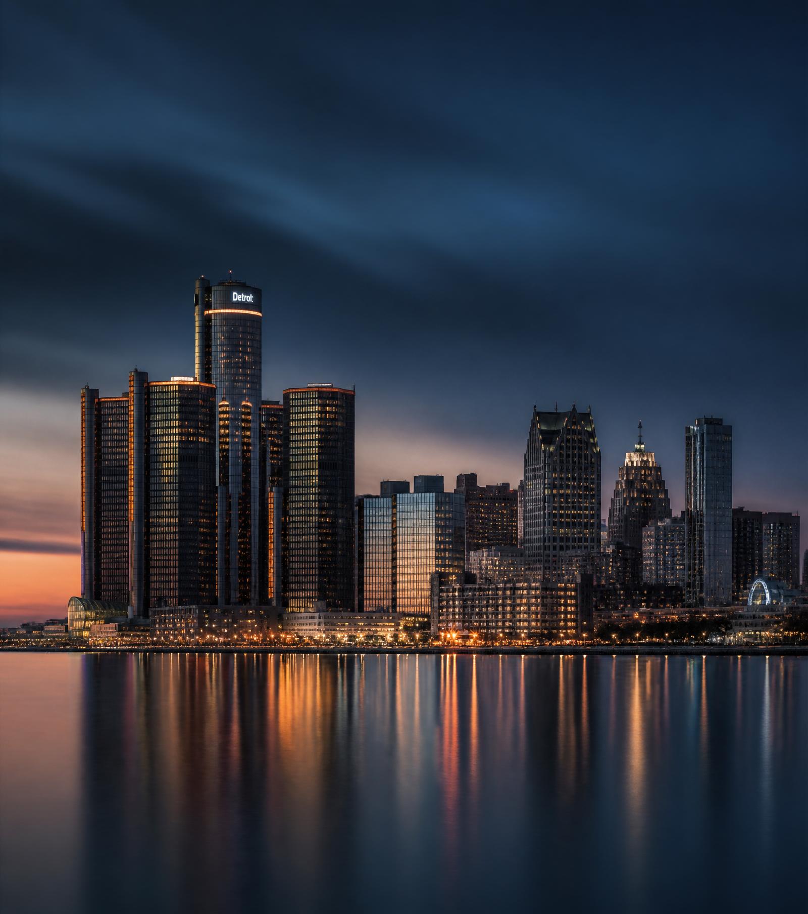 Downtown Detroit skyline at dusk