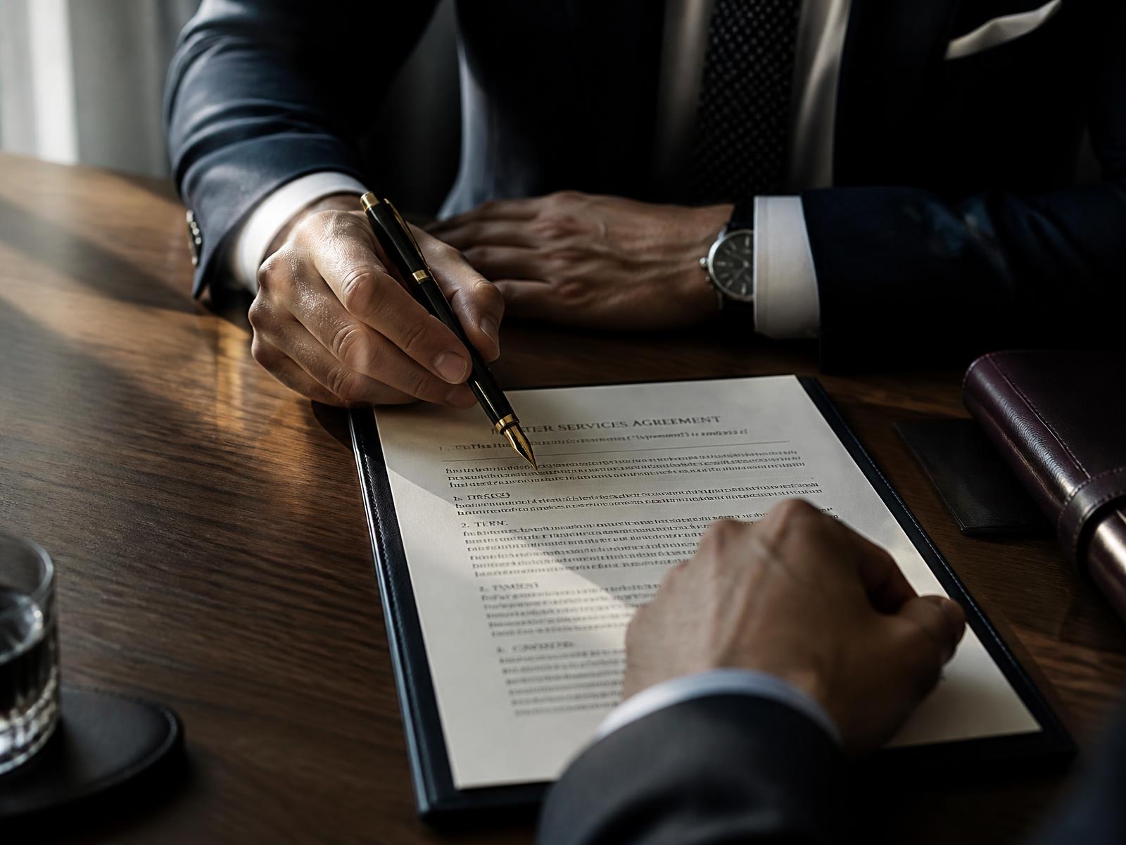 Executives reviewing a services agreement